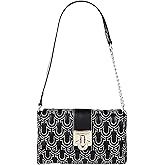 True Religion Shoulder Bag, Horseshoe Quilt Logo Plaque Flap Purse with Chain Strap, Quilted Stitch Design and Gold Hardware, Black
