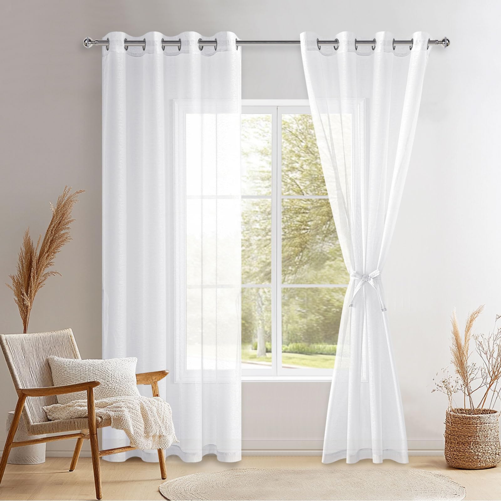 DWCN White Sheer Curtains with Tiebacks Semi Transparent Voile Grommet Curtains Elegant Window Curtains for Bedroom and Living Room,2 Panels,W52 x L96