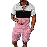 BIRW Pink Black Grey XXL Men‘s Track Suits 2 Piece Summer Short Sets Outfits Fashion Polo Shirt Casual Short Sleeve and Shorts set