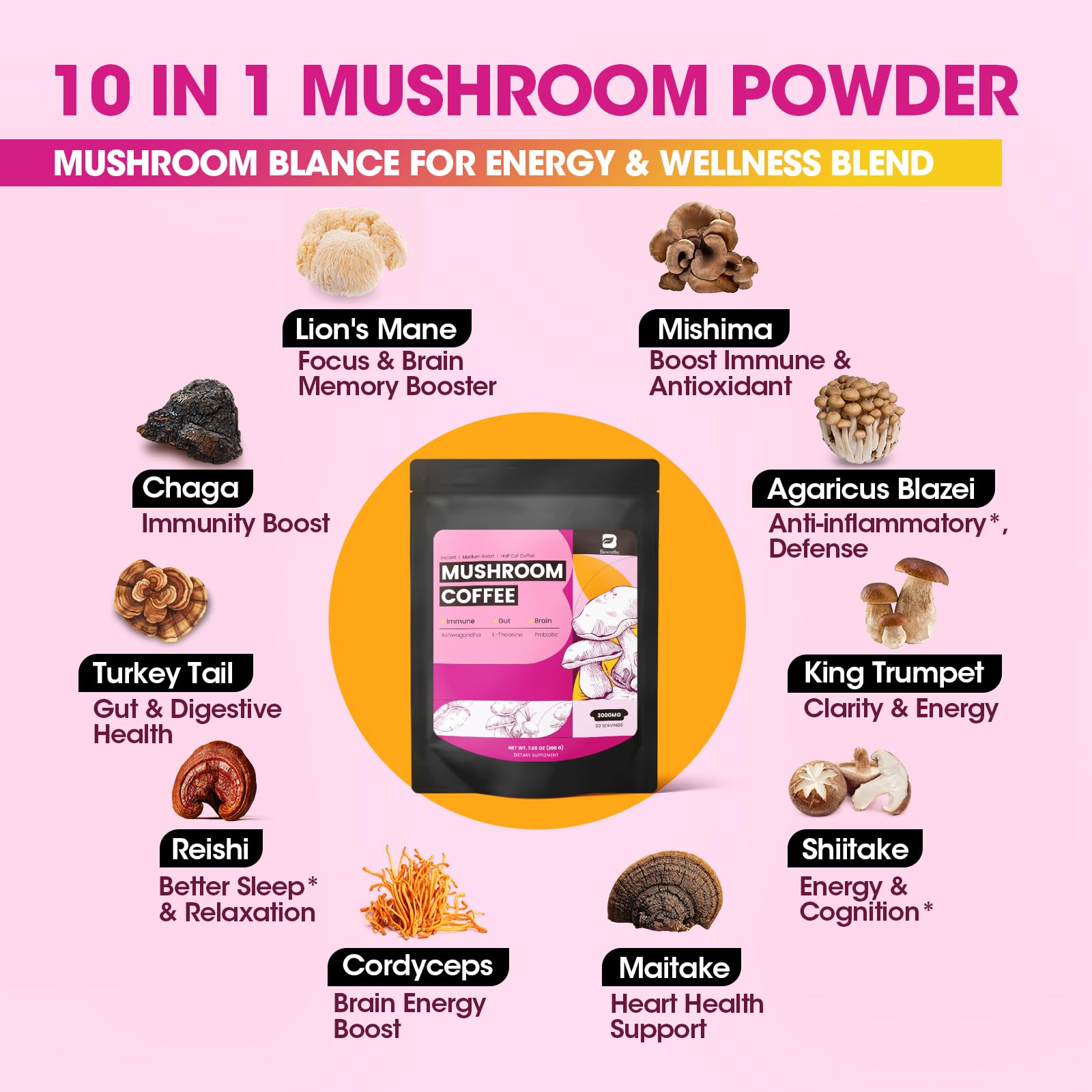 B BEWORTHS Mushroom Coffee, Slim Mushrooms Coffee Powder with Ashwagandha, Lion's Mane, Reishi, Prebiotics, L-theanine, Chaga, Turkey Tail, Mixed Arabica Instant Coffee for Focus, Immune & Digestive