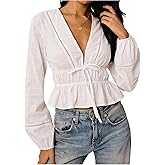 SweatyRocks Women's Bow Tie Front Deep V Neck Peplum Blouse Long Sleeve Babydoll Ruffle Shirts