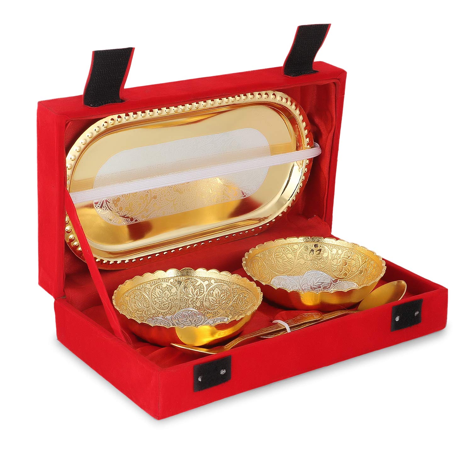Zap Impex Engraved Gold Color Plated Brass Bowl Tray and Spoon Set, Gift Set.