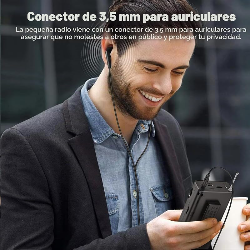 Rádio pequeno, rádios AM/FM, rádio de bolso com clipe traseiro, rádios portáteis com bateria recarregável incorporada, rádio com ranhura para cartão TF, entrada para auscultadores de 3,5 mm e função de luz (preto) — foto 7 de 7
