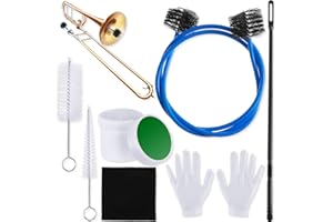 SUCLAIN 7 Pieces Trombone Care Cleaning Kit Maintenance Kit Flexible Brush Slide Grease Mouthpiece Brush Valve Cleaning Cloth Casing Rod White Gloves for Instruments