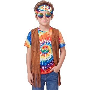 kooirsp 70s Outfits for Kids Boys 5 Pcs Hippie Costume Accessories Set Fringe Vest Kids Tie Dye Shirt for Halloween Party