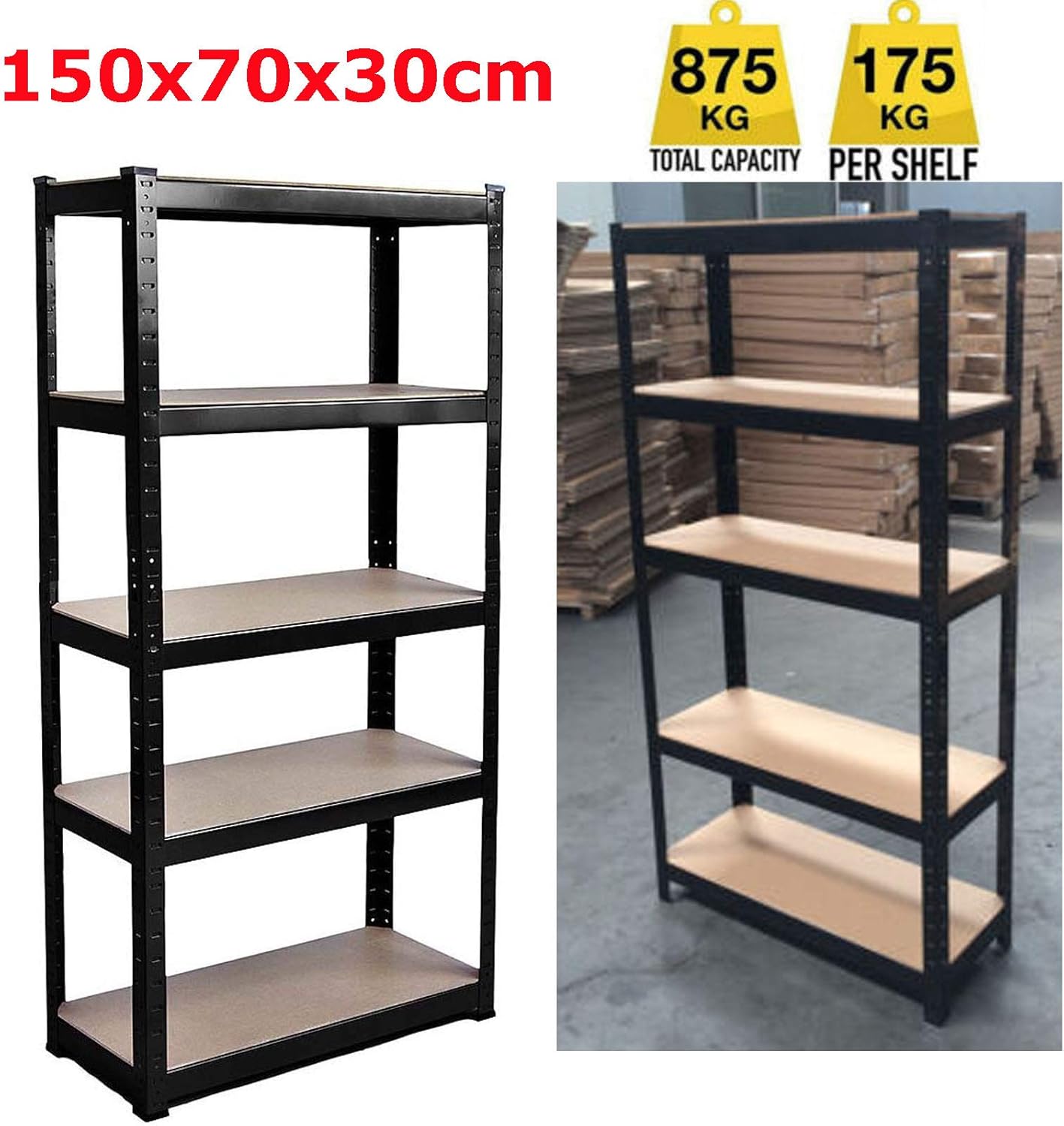 150cm x 70cm x 30cm 5 Tier Shelf, Steel & MDF Boltless Shelves, 875kg
