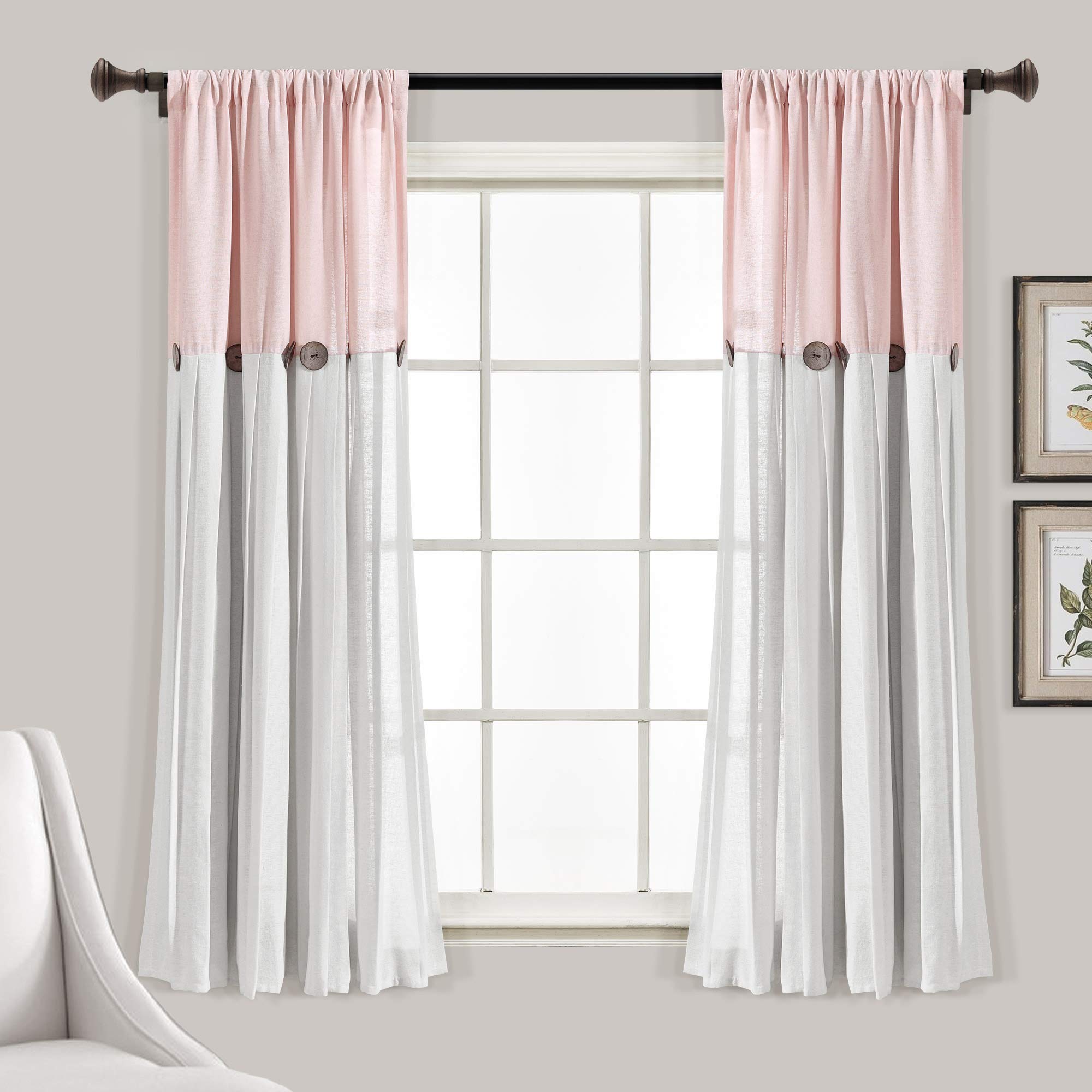 Lush Decor Linen Button Window Curtain Single Panel, Blush & White, 63" L x 40" — image 1