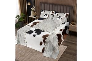 jejeloiu Kids Cow Fur Printed Bedspread Cowhide Pattern Coverlet Set Farmhouse Quilted Coverlet Western Farm Animal Skin Plaid White Quilted Bedroom 3Pcs with 2 Pillow Case King Size