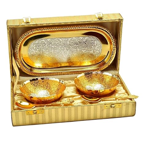 URBAN CRAFTS INDIA Aluminum Decorative Bowl With Box (bowl: 3.5 x 3.5 inch, box: 9 inch, Gold & Silver)