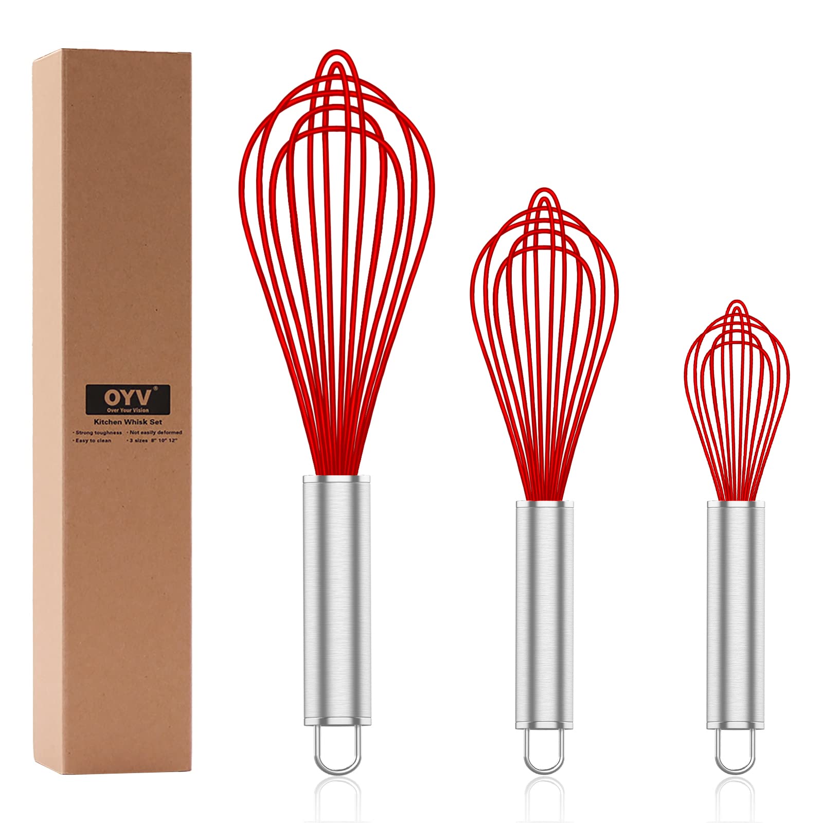 OYV Silicone Rubber Whisk,Premium Whisks For Cooking Non Scratch,Stainless Steel & Silicone Wisk For Nonstick Cookware Pans, High Heat Resistant kitchen Whisks set of 3,Red