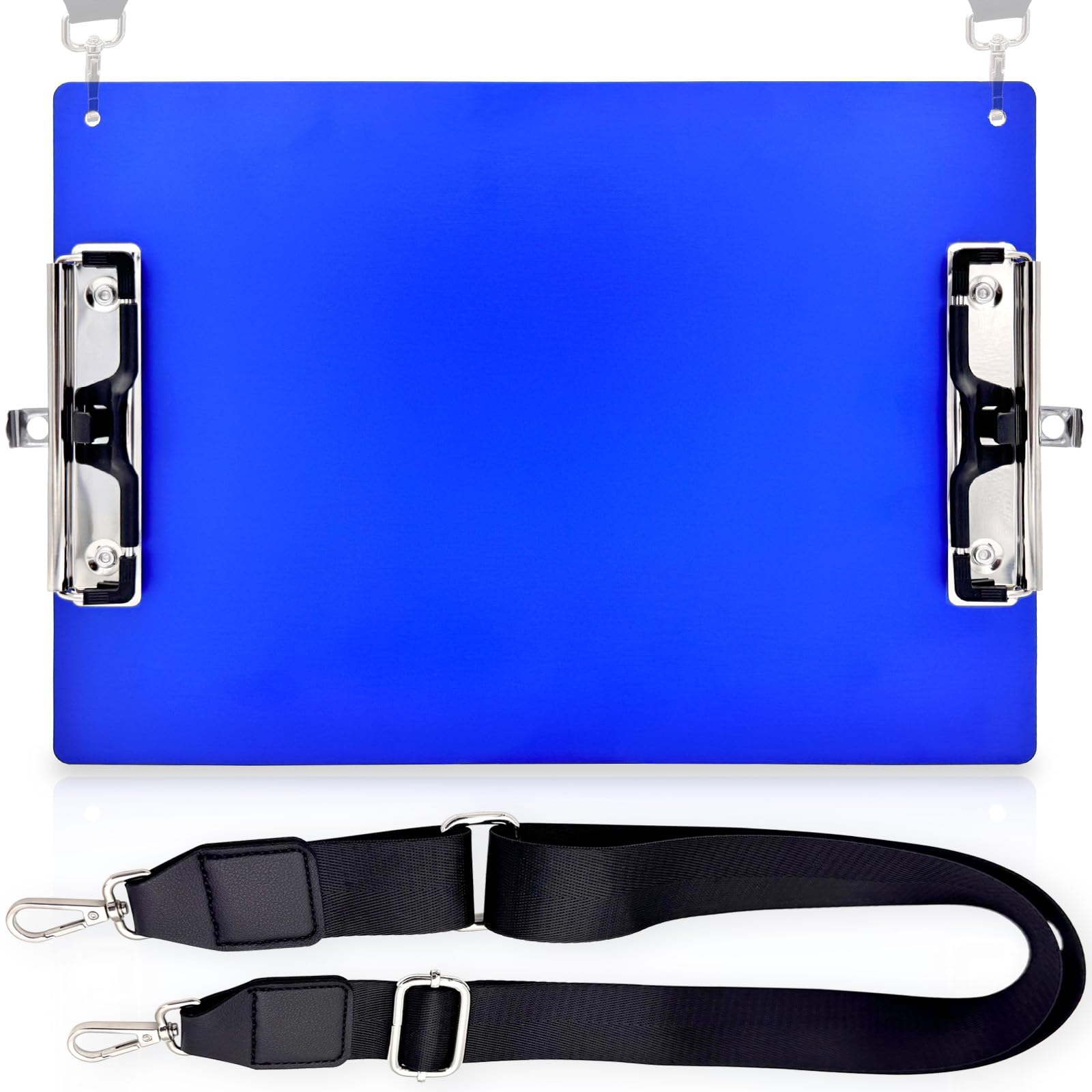 Photo 1 of Aluminum Metal Clipboard with Detachable Adjustable Shoulder Strap A4 Double Clip Board Stainless Hangable w/Pen Holder Letter 9" x 12.6" for School Office Business Factory (Blue-with Strap, A4)