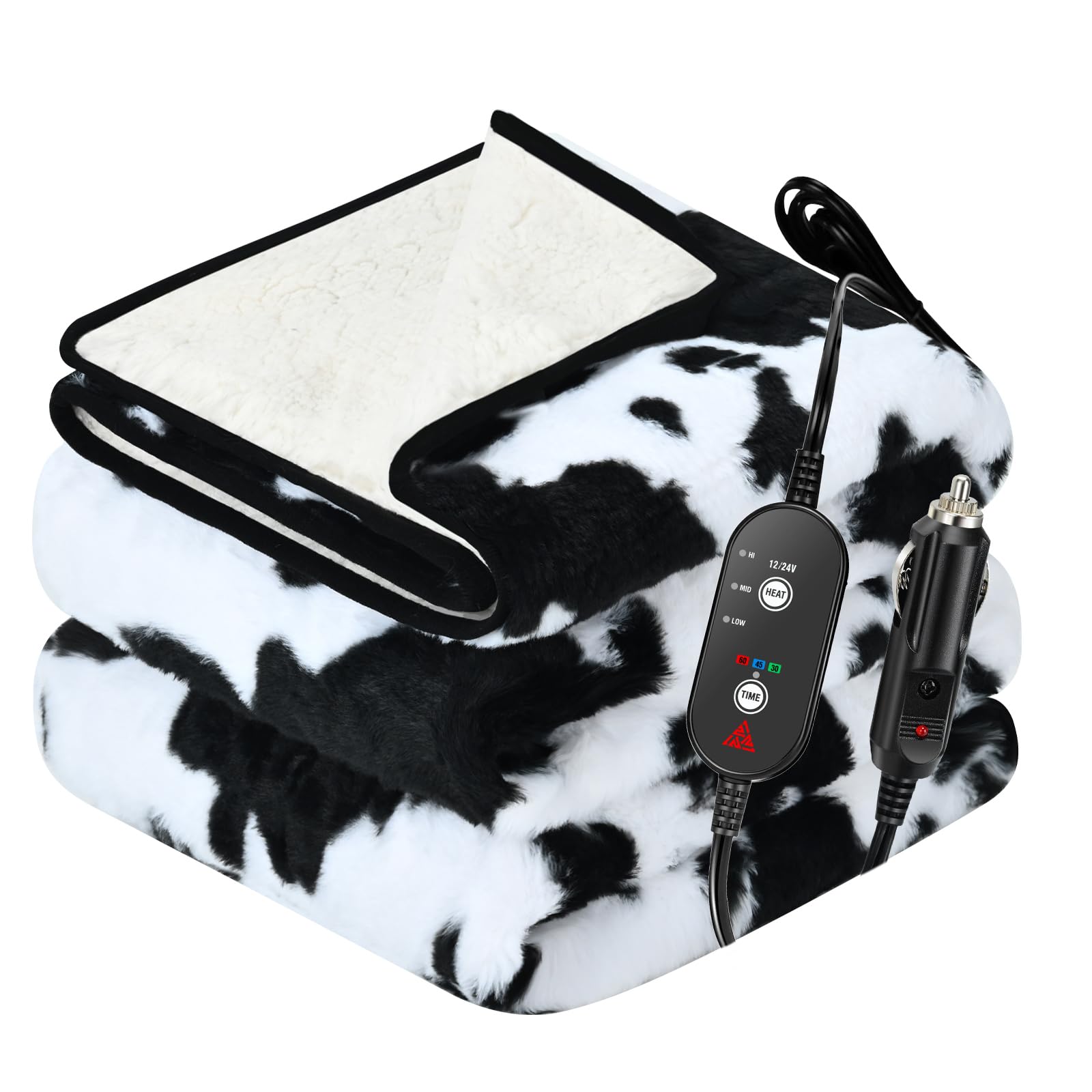 Photo 1 of Sino Salected Cow Print Heated Car Throw Blanket, Updated 12/24 Volt Electric Blanket, 3 Heating Levels & 4 Hours Auto Off, Portable Heated Blanket for car, Truck, SUV, RV & Camping, Washable