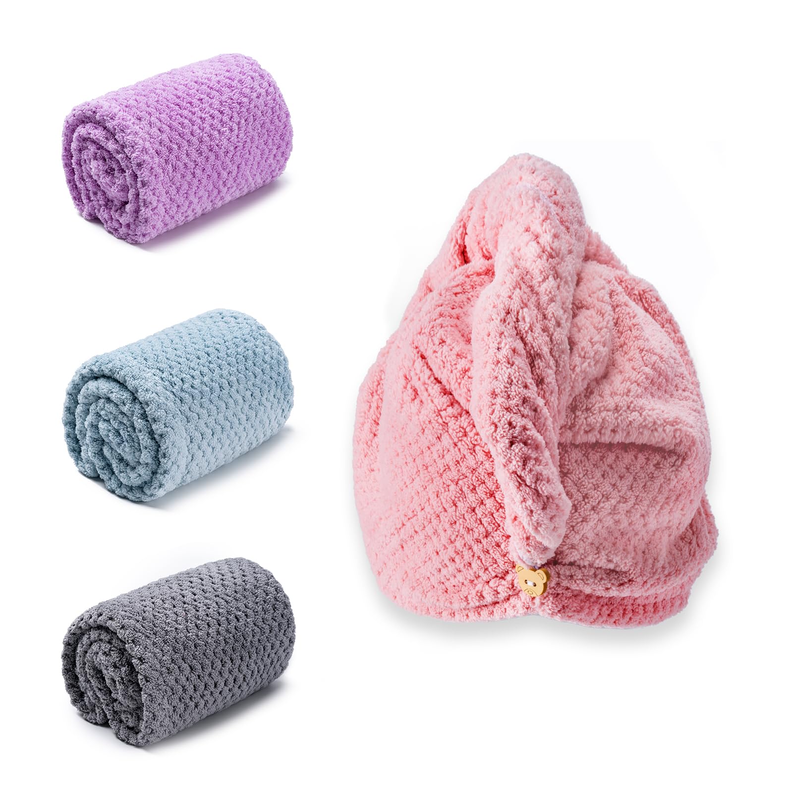 Photo 1 of Amrules Hair Towel Wrap, 4 Packs 9.8 x 25.6 Inch Towel Turbans for Wet Hair, Dry Hair Towel, Headbands for Curly and Long Hair - Bathroom Must-Have for Ladies