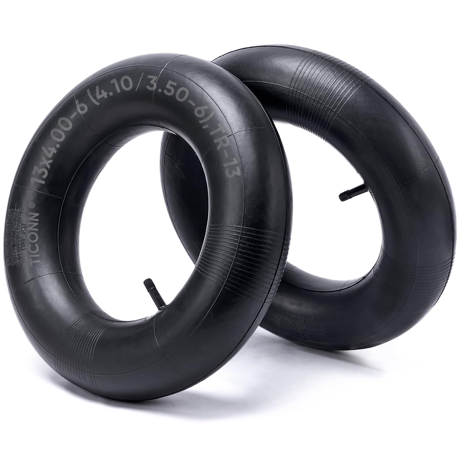 Photo 1 of TICONN 13x4.00-6, 4.10/3.50-6 Tire Inner Tube, 2 Pack Inner Tire Tube for Wheelbarrow Tires, Replacement Tube with TR-13 Straight Valve Stem for Wheelbarrows, Lawn Mowers, Hand Trucks