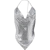 Women's Metallic Mesh Cowl Neck Halter Top Girls Sexy Sparkly Deep V Neck Crop Tank Top for Night Club Stage Performance