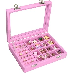 Vicoter Velvet Jewelry Organizer Tray 7 Ring Slots & 16 Grid Compartments Glass Lid Display Case Holder for Rings Earrings Br