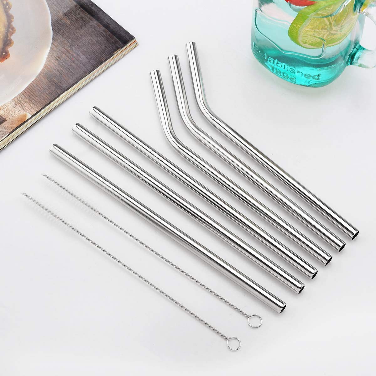 YIJIA 6pcs 9mm/8.5inch Stainless Steel Reusable Straw Set with 2pcs Cleaning Brushes for 20oz Cups