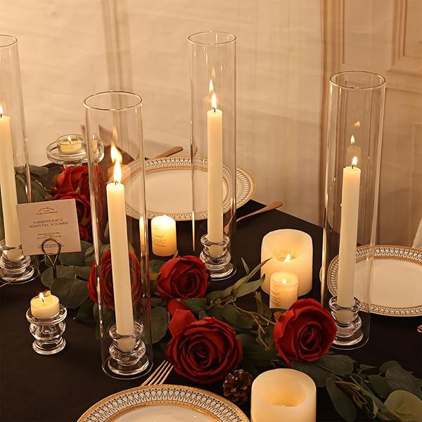 VOLENS HURRICANE GLASS CANDLE HOLDERS – SET OF 6 CANDLESTICK HOLDERS FOR TAPER CANDLES WITH WINDPROOF CYLINDER COVERS 14″ TALL CLEAR GLASS CHIMNEY COVER FOR WEDDING TABLE CENTERPIECE HOME DECOR