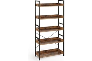 Rolanstar Bookshelf 5 Tier with 4 Hooks, Industrial Wood Bookcase, Vintage Storage Rack with Open Shelves, Rustic Standing Bookshelves Display Rack for Living Room, Bedroom, Rustic Brown