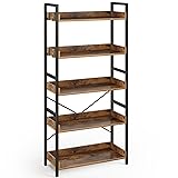 Rolanstar Bookshelf 5 Tier with 4 Hooks, Industrial