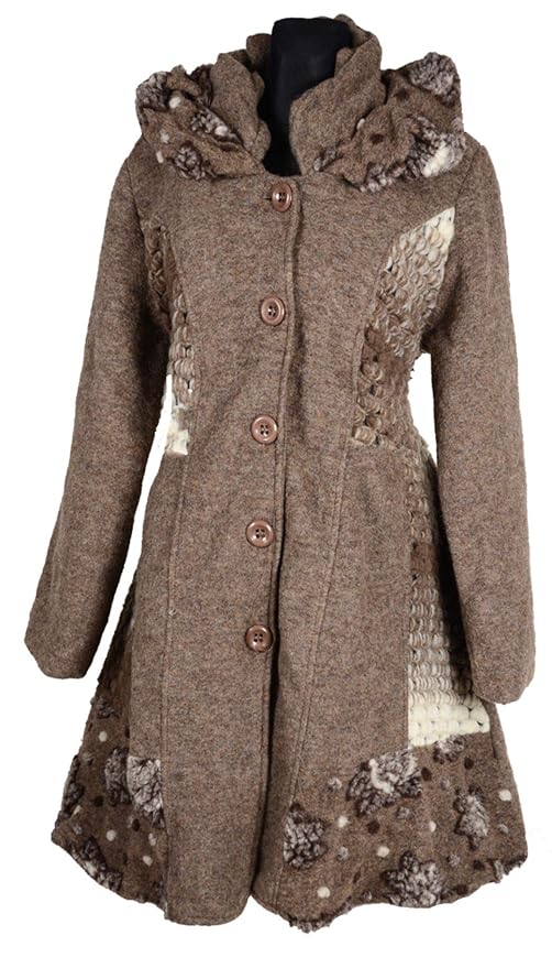 Damen Patchwork Wolle Lagenlook Wintermantel Mantel Swinger Trench Coat 40 42 44 M L Braun Übergang Winter