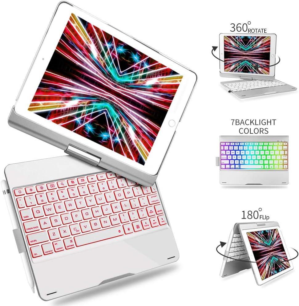 Boriyuan Keyboard Case for iPad 97 2018 2017-iPad Pro 97-iPad Air 2 & 1-7 Color Backlit Bluetooth Keyboard Case Folio Smart Cover +360 Rotatable + Pencil Holder for iPad 97 Case (Silver)