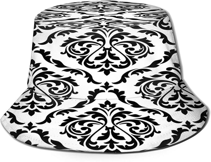 PUIO Angelhut Fischerhut,Schwarzes weißes Damastblumen-nahtloses Muster