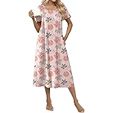 Ekouaer Cotton Nightgowns for Women Long House Dresses with Pockets Plus Size Night Gowns Short Sleeve Night Shirts S-3XL