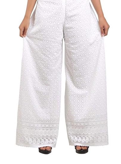 Women's Lucknow Chicken Art Work Embroidred Cotton Palazzo Free Size_Black and White Color