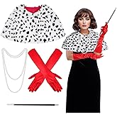 Pistha 4 Pack Halloween Dalmatian Costume Women, Black and White Dalmatian Shawl Scarf, Red Glove,Faux Pearls Necklace for Adult Diva Fancy Dress Costume Accessories