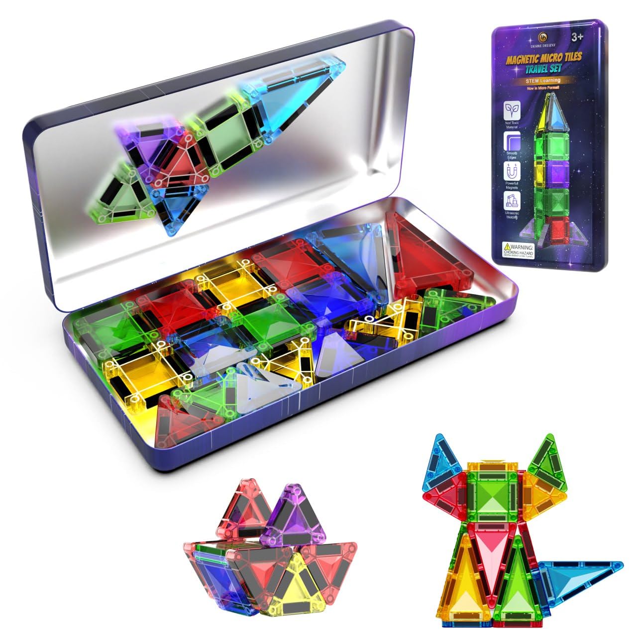 Micro Magnetic Tiles Building Blocks Toy - STEM Educational Travel Size Magnetics Blocks for Kids, Preschool Sensory Montessori Toddler Magnetic Toys for Boys & Girls 3+ Years Old 28PCS - Multicolour — image 1