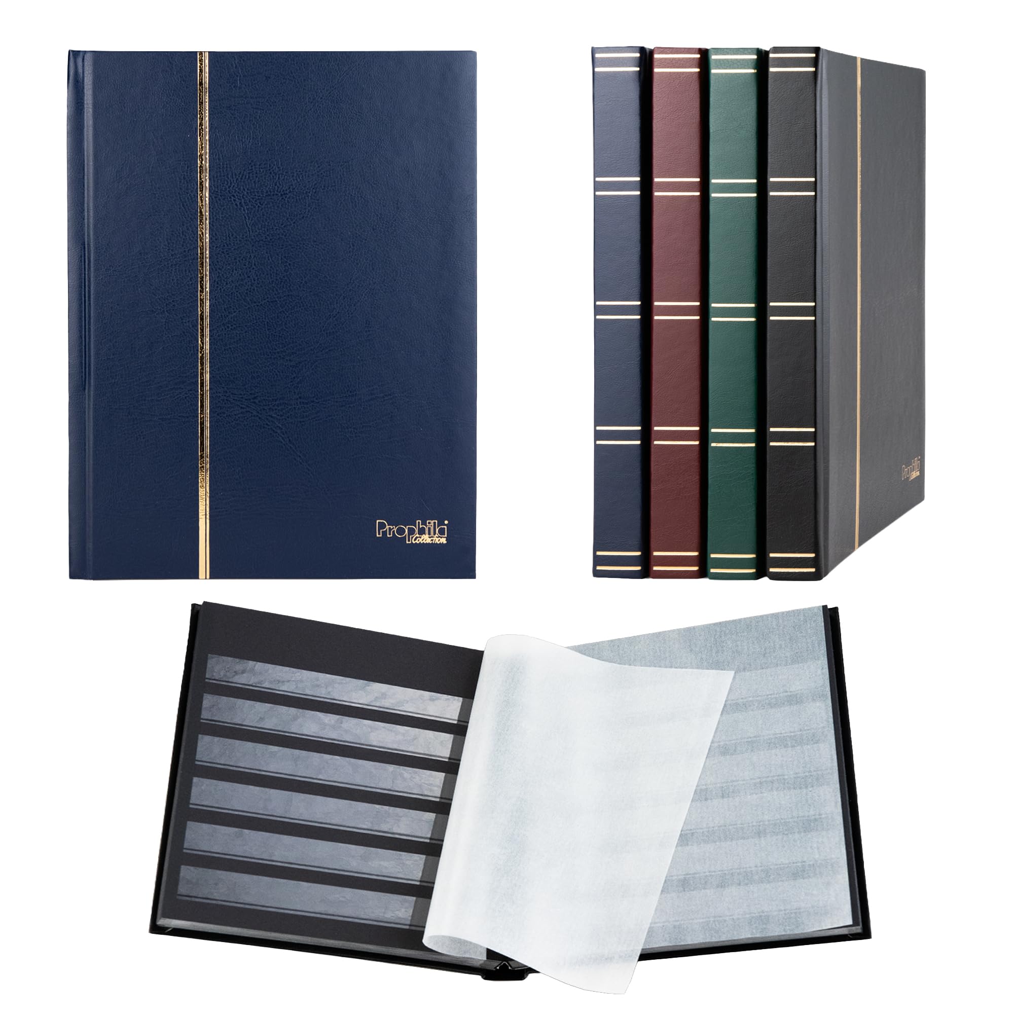 Prophila stamp album (small), 32 black sides, padded blue cover