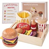 Wooden Play Food for Kids Pretend Hamburger Set Fast Food Toy Play Kitchen Accessories for Toddlers Toy Food Gift for Boys Girls Educational Toys