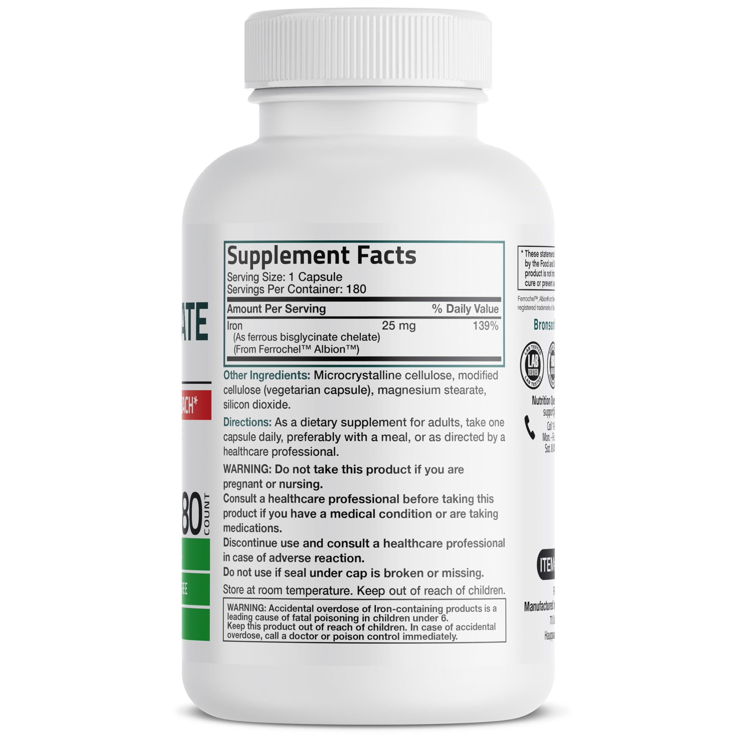 Bronson Iron Bisglycinate 25 mg Gentle on The Stomach, Supports Energy & Healthy Red Blood Cell Production - Non-Constipating Formula - Non GMO, 180 Vegetarian Capsules