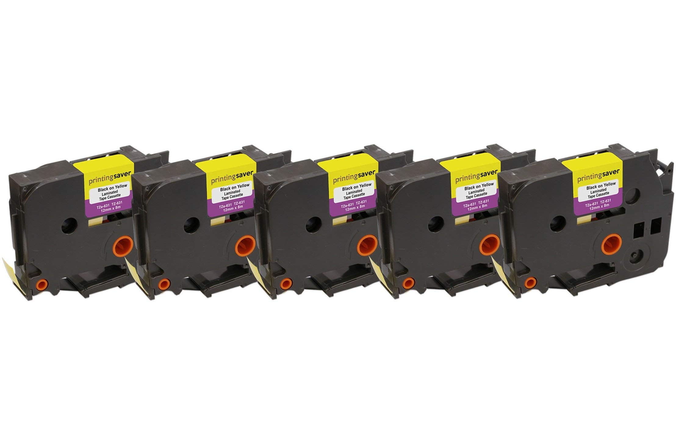 5x TZe631 TZe 631 Black on Yellow 12mm x 8m Compatible Label Tapes for P-Touch PT-1000 1005 1010 3600 9600 D210 D210VP D400 D450VP D600VP H101C H101GB H105 H110 H300 P700 P750W Label Makers