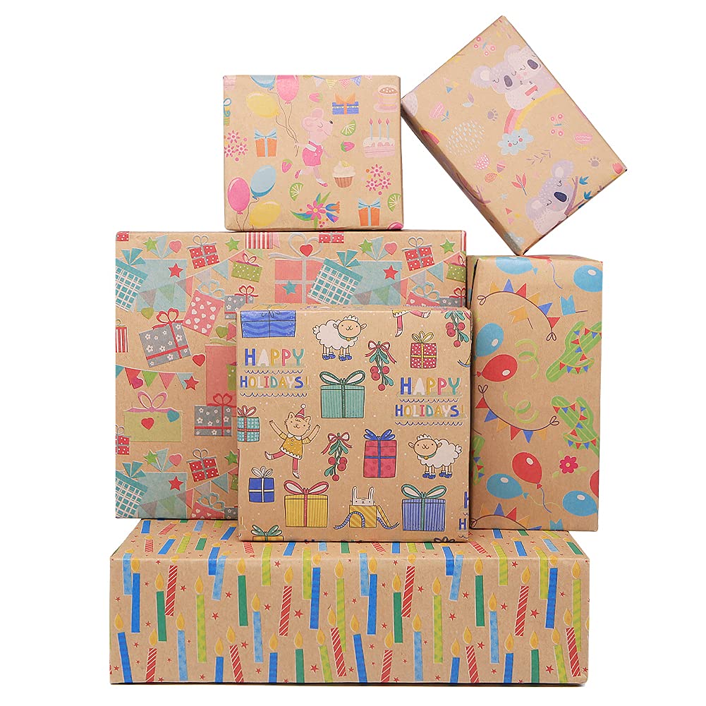 Kraft Animal Wrapping Paper Birthday for Girls Kids Baby Boys Women, Recycled Wrapping Paper Kids, 12sheets Cartoons Design 50x70cm per sheet, Folded Paper for Gift Wrap in All Celebrate Occasions