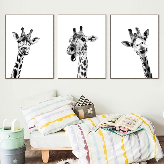 Jirafa Safari Animales Negro Blanco Lienzo Póster Arte de la pared