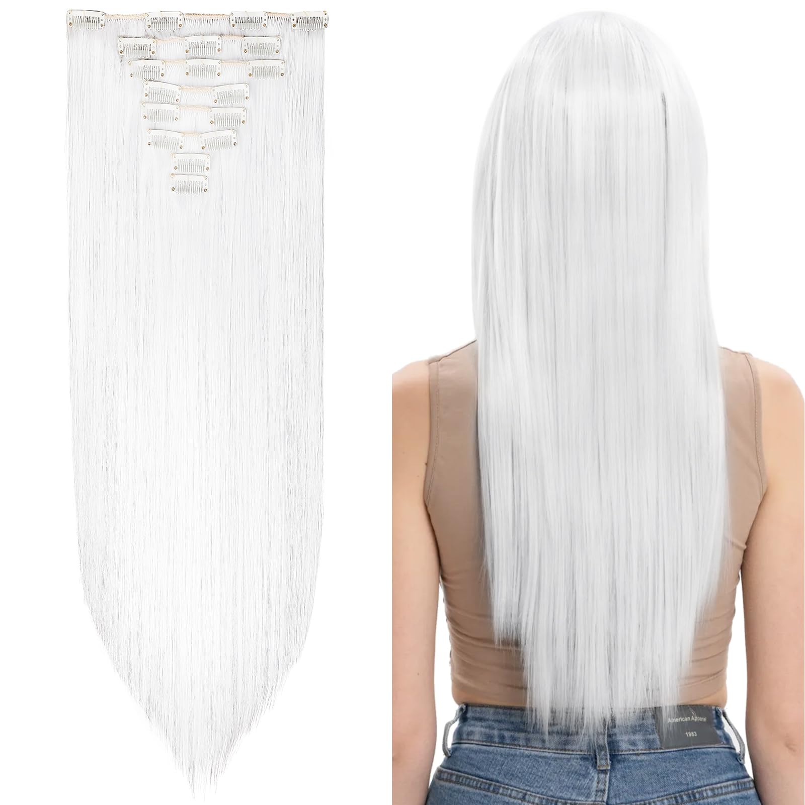 Silk-co 26" 8PCS Hairpiece Clip in Hair Extensions White 100% Synthetic Hair Piece Long Straight for Full Head — image 1