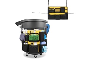 HODRANT 32-55 Gallon Trash Can Caddy Bag, Garbage Bin Apron Caddy with Multiple Pockets for Cleaning Supplies, Cleaning Tool Organizer with Adjustable Buckle for Janitorial Trash Can, Black+Yellow