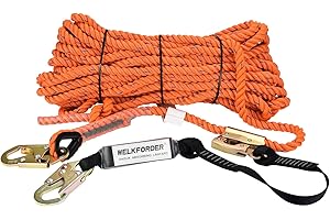 WELKFORDER 100FT Vertical Lifeline Assemble Three Strand Rope Fall Protection with Rope Grab Snap Hooks Shock Absorber Fall Protection Safety Equipment ANSI Compliant
