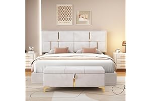 HZXINKEDZSW 2-Pieces Bedroom Sets, Queen Size Velvet Upholstered Platform Bed with Hydraulic Storage System, Wood Platform Bed Frame with Metal Legs Storage Ottoman for Teens Adults Bedroom (Beige-09, Queen)
