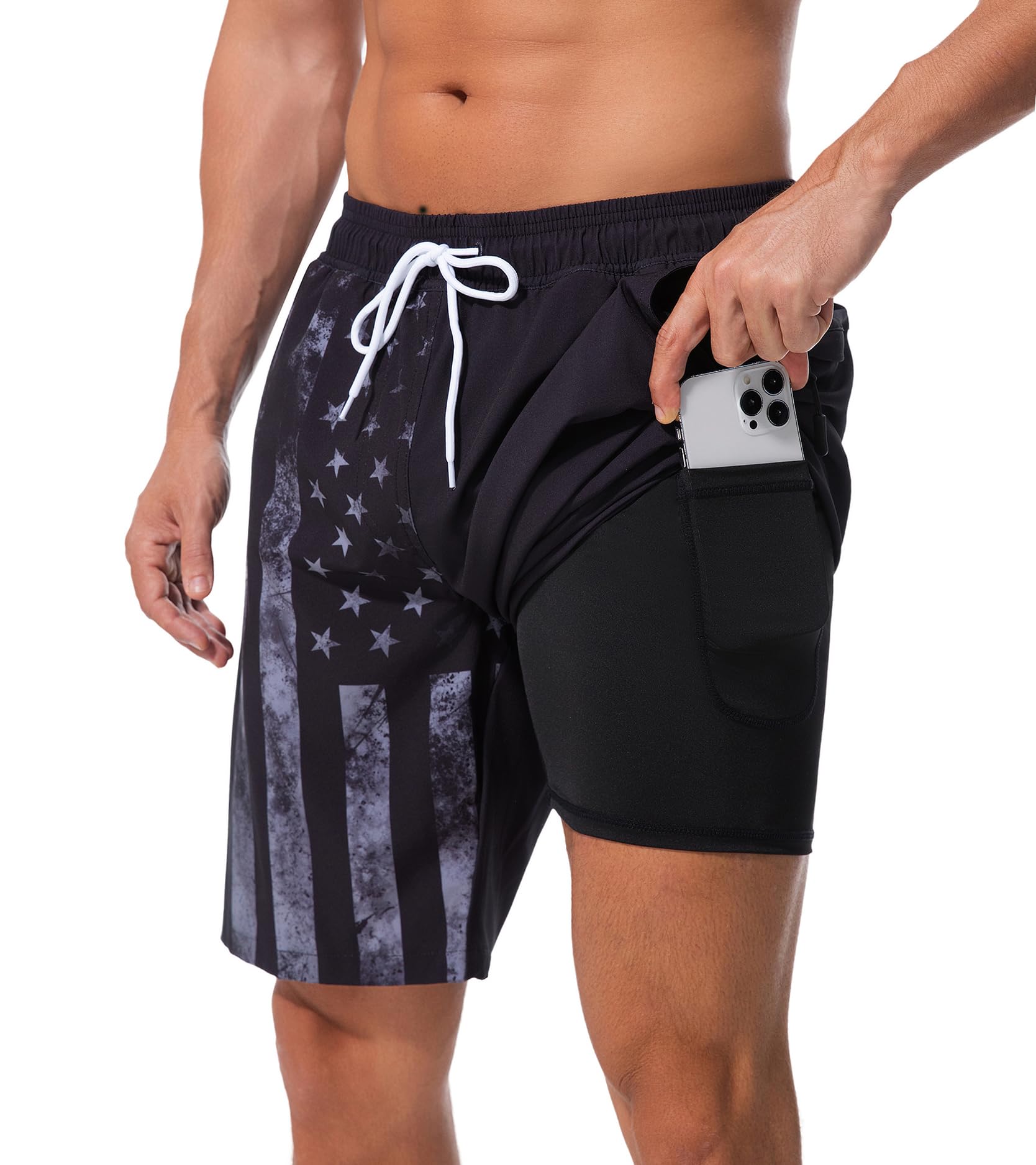 difficort Mens Swim Trunks Quick Dry Bathing Suit 9 inch Inseam Board Shorts with Compression Liner and Zipper Pocket,National Flag,X-Large Image
