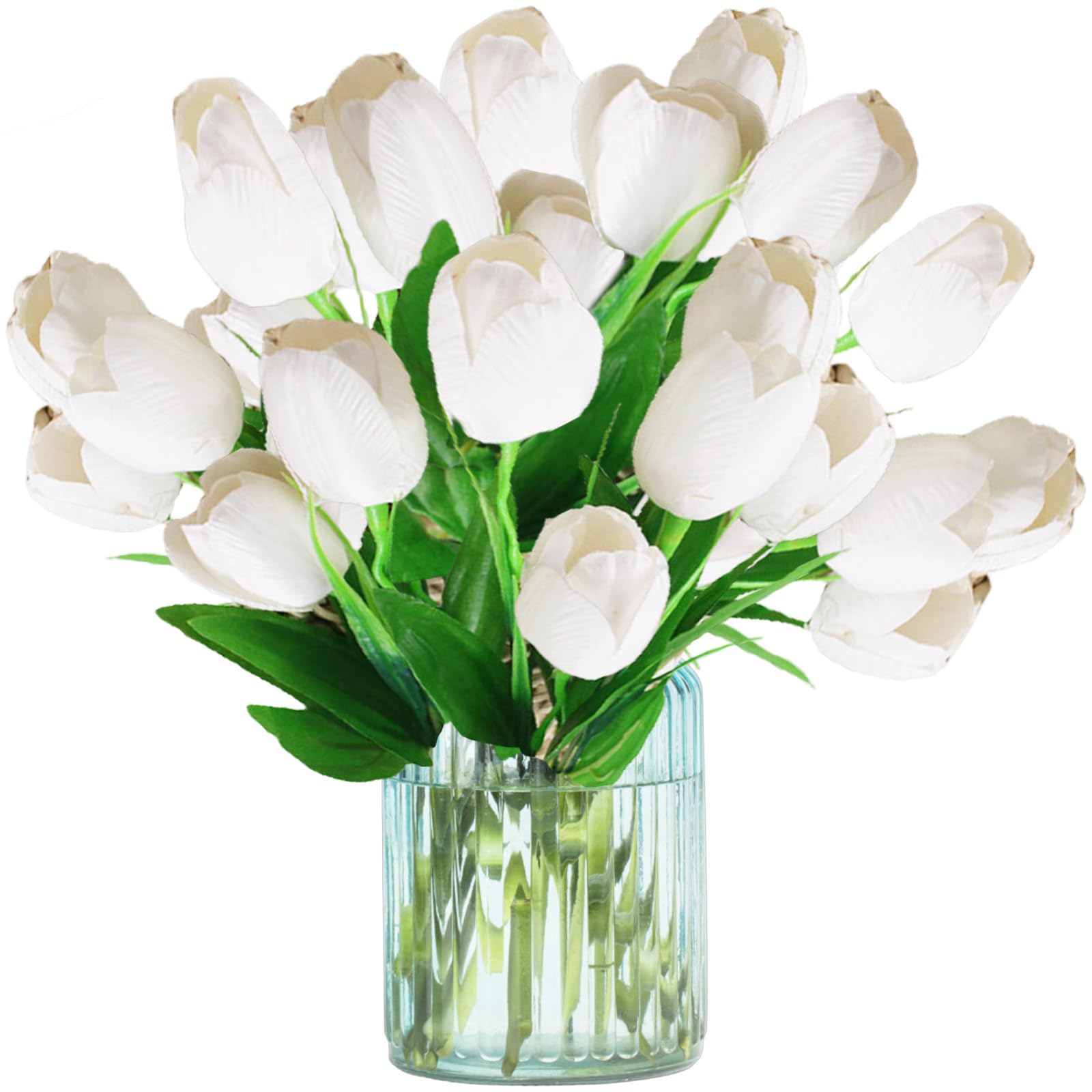 astylishome Outdoor Artificial Flowers Tulips 21Pcs Fake Tulip Real Touch Faux Flower for Wedding Bridal Bouquet Arrangements Home Party Hotel Floral DIY Decoration White 0112