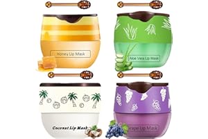 TIRDET 4 PCS Bee Lip Balm Honey Pot, Honey Coconut Aloe Vera Grape Sleeping Lip Mask Overnight with Sticks, Exfoliating Prevention Dry and Crack Lip Scrubs