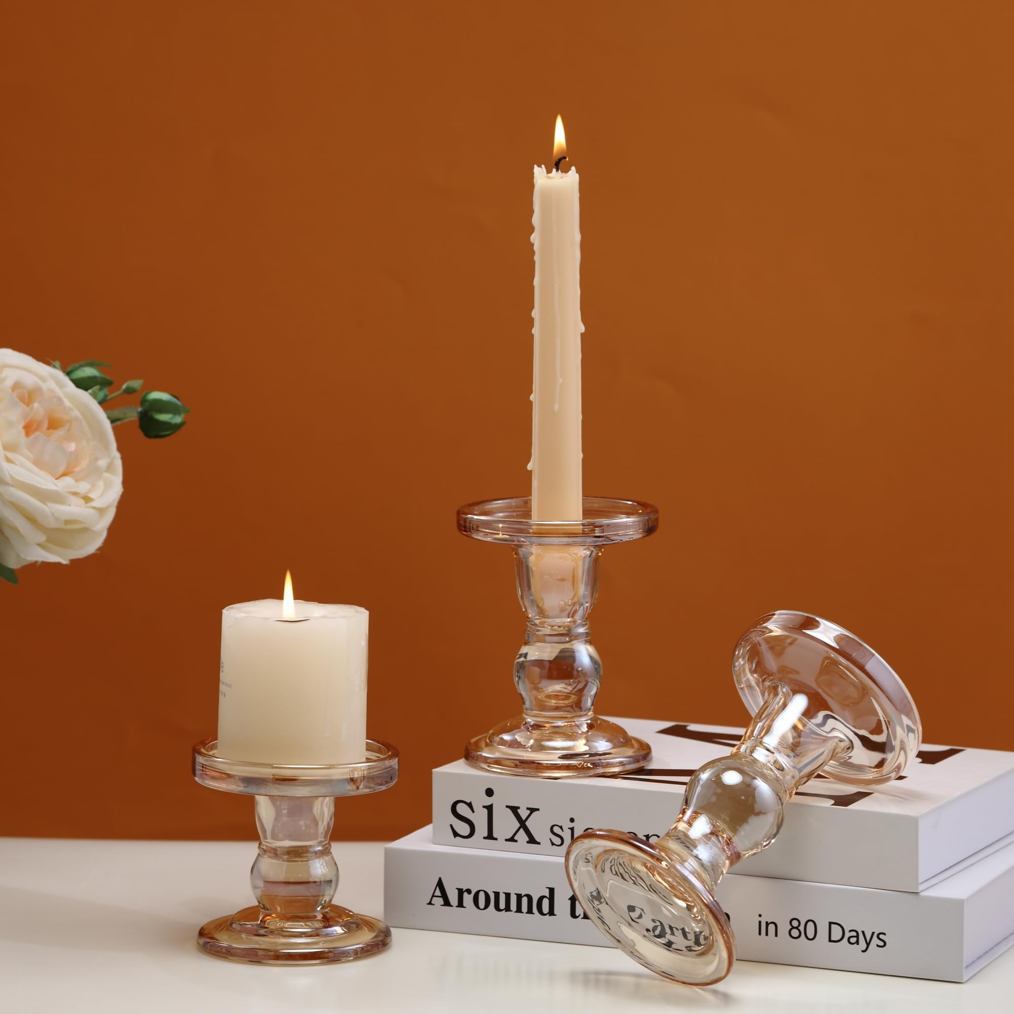 Amber Glass Candle Holder Set, QENUIITEA Set of 3 Clear Candlesticks Holders Pillar Taper Candles Tea Light Stand for Centerpieces Church Wedding Party Home Decor Dining Table