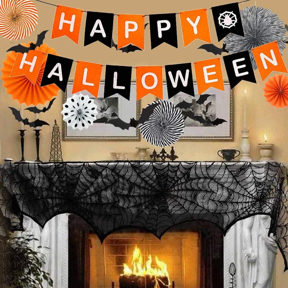Halloween Party Decoration Kit - Happy Halloween Banner and Hanging Paper Fans Black Orange 3D Bat Stickers for Halloween Decoration: Health & Personal Care