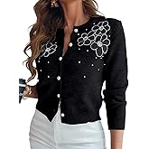CHICME Womens Elegant 3D Pearl Embellished Floral Knit Cardigan Long Sleeve Round Neck Front Sweater Coat