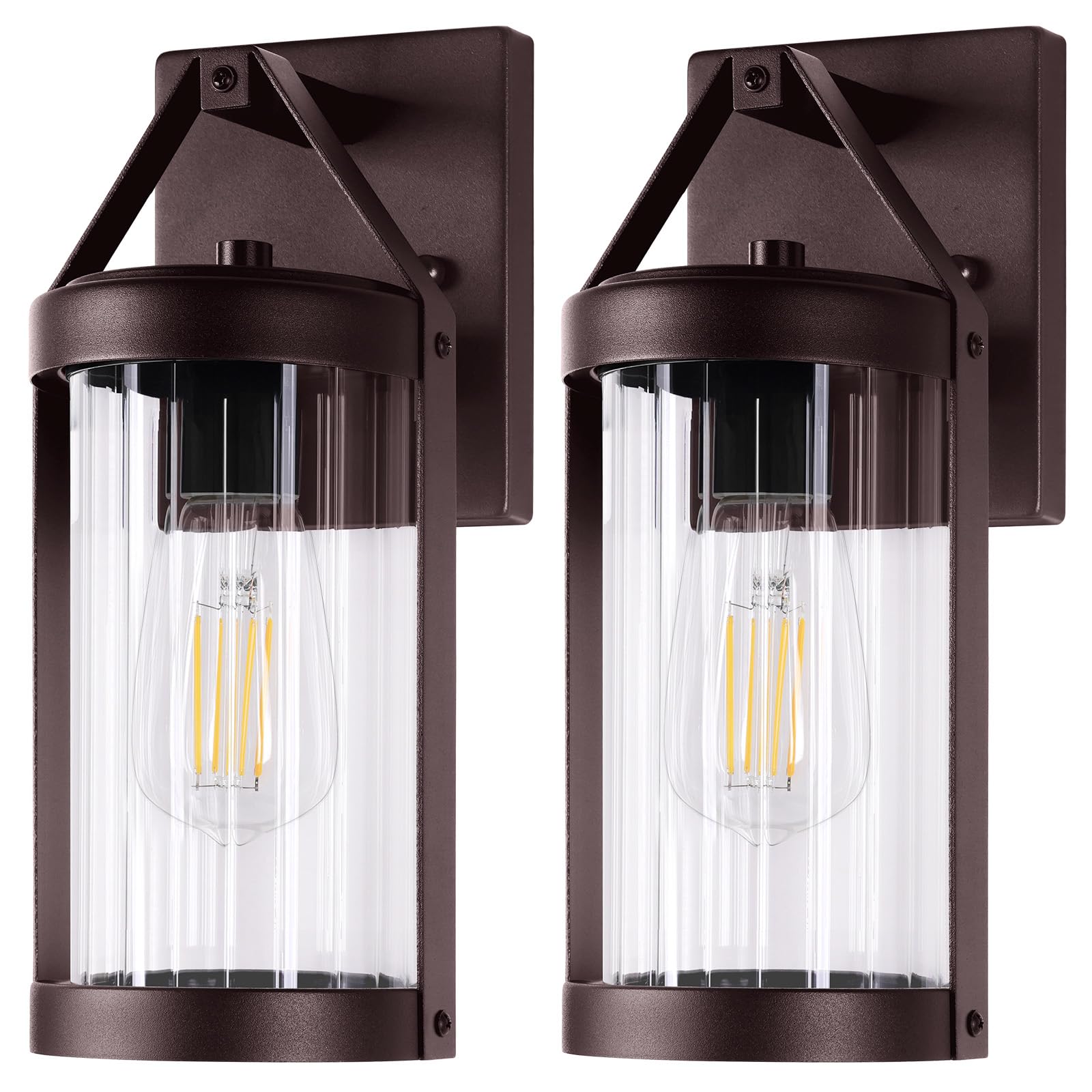 Photo 1 of 2-Pack Outdoor Wall Lights, Waterproof Light Fixtures Wall Mount with Clear Ribbed Glass, Modern Brown Exterior Wall Sconce Front Porch Outside Lights for House, Patio, Garage, Bulbs Not Included