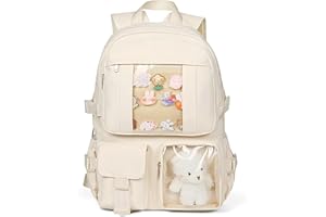 cotmcor Kawaii Backpack for Girls, Cute Aesthetic Backpack for School, Kawaii Bookbag with Pins Accessories and Pendant, Beige