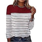 WDIRARA Women's Striped Colorblock T-Shirts Crew Neck Long Sleeve Tee Shirt Knitted Tops